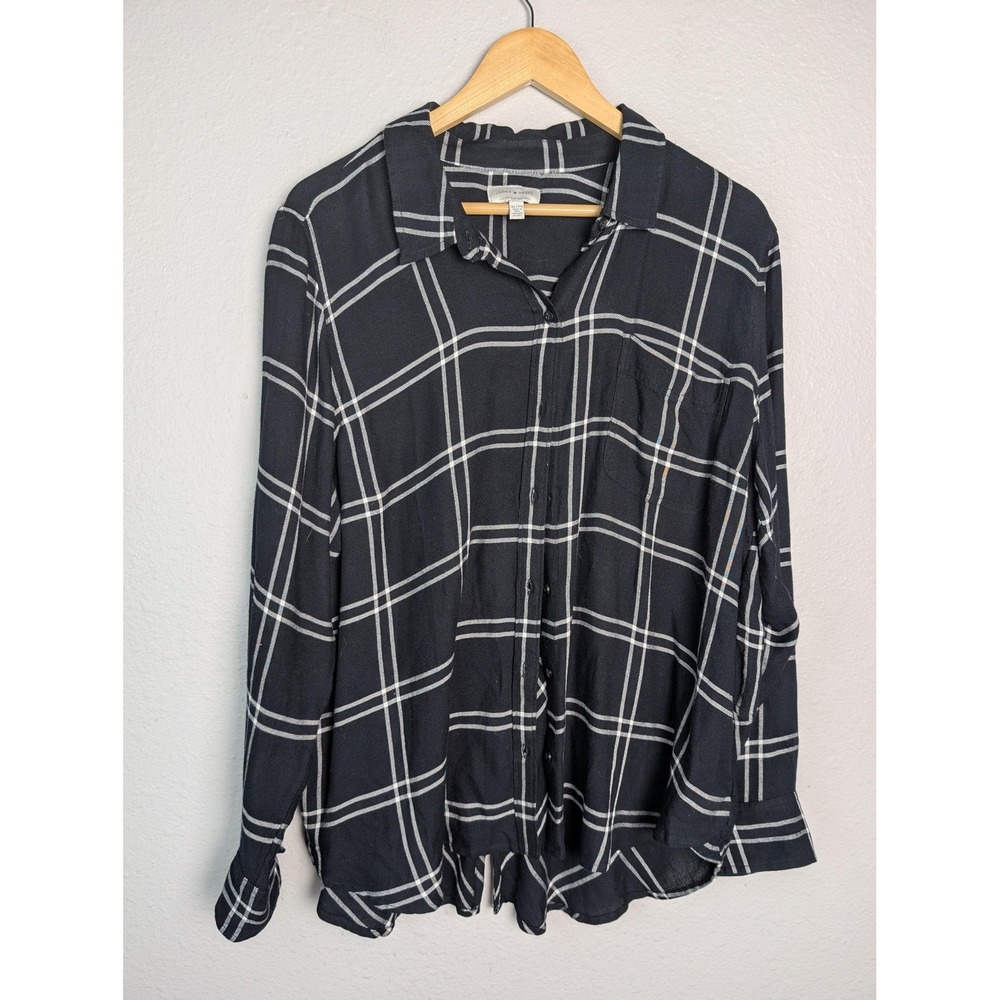 Lucky Brand Shirt Womens XL Black Plaid Button Front Long Sleeve Top Viscose